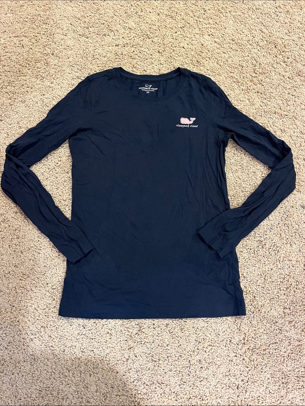 Vineyard Vines Navy Long-Sleeve Crewneck with Pink Whale Logo
